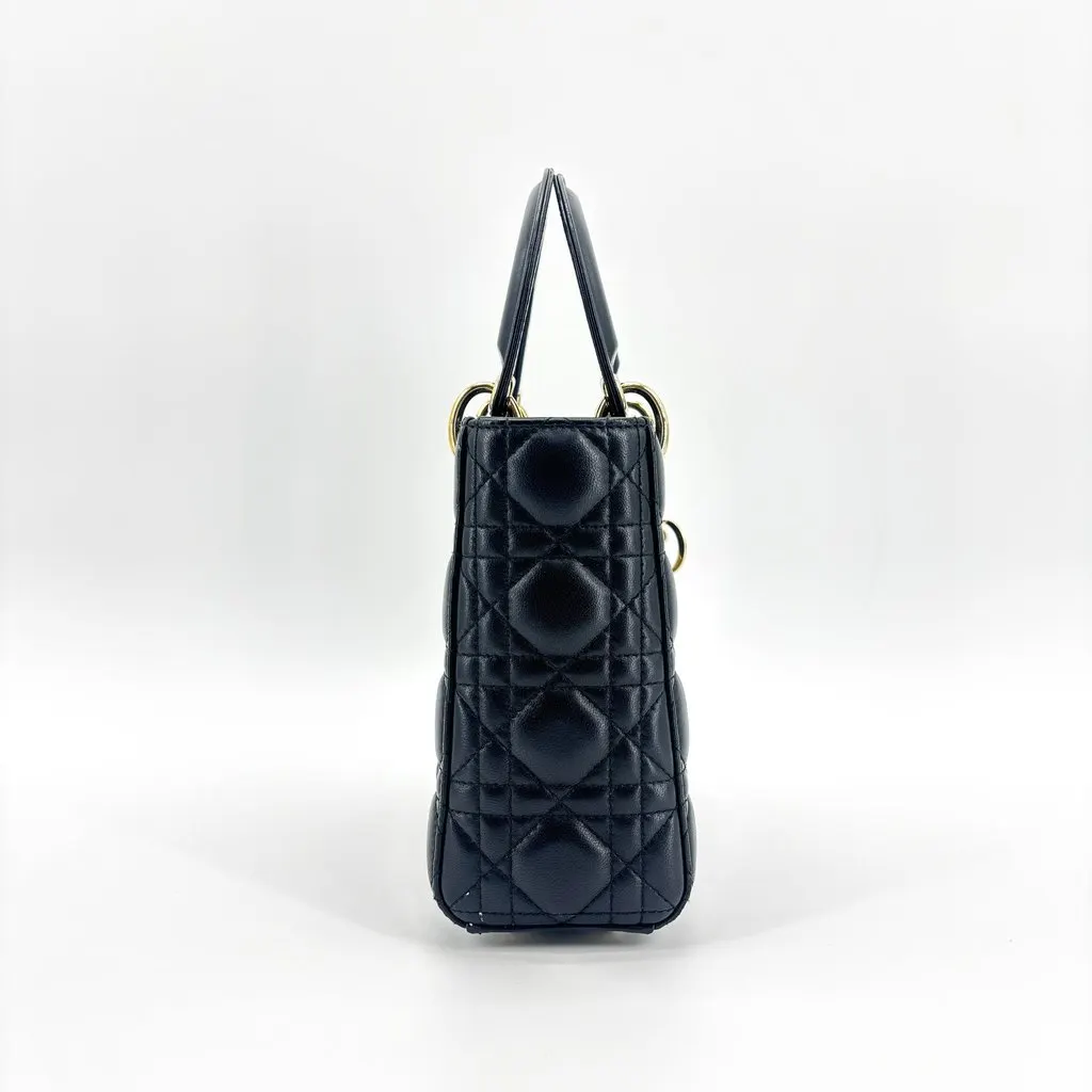 Dior Lady Dior Medium Bag Black Lambskin Gold Hardware Black Leather Very good - Model View