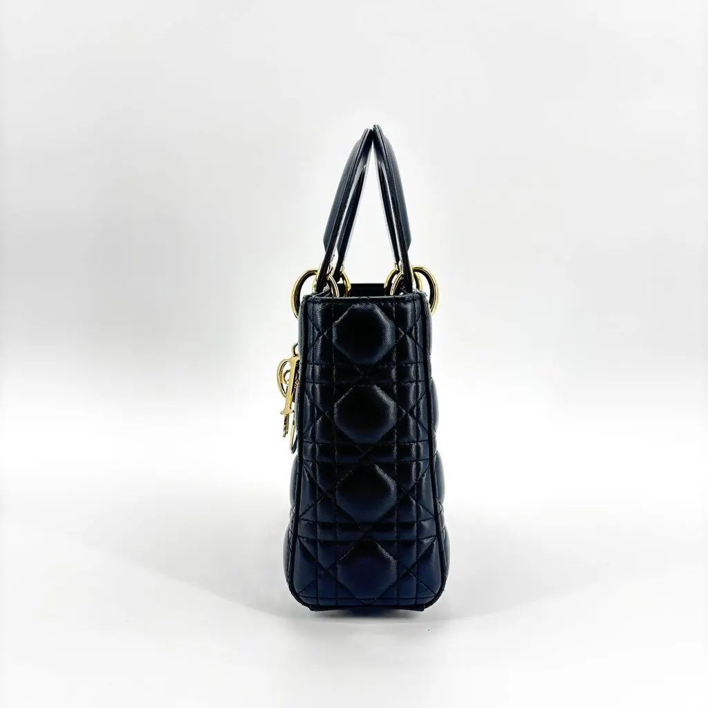 Dior Lady Dior Medium Bag Black Lambskin Gold Hardware Black Leather Very good - Box View