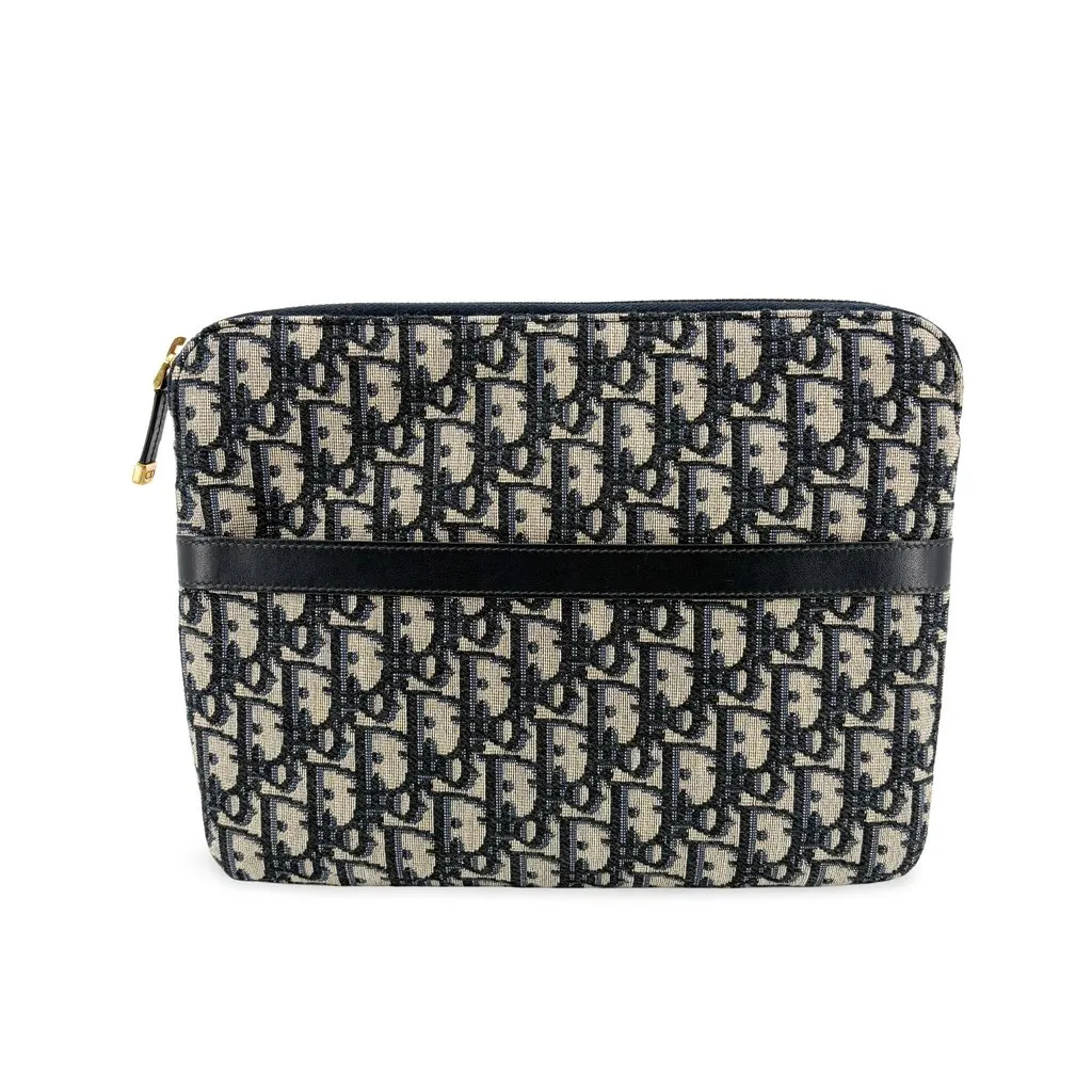 Dior Oblique Jacquard Zipped Pouch Navy Beige Canvas Good - Front View