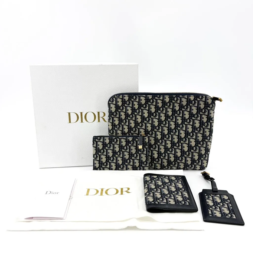 Dior Oblique Jacquard Zipped Pouch Navy Beige Canvas Good - Back View