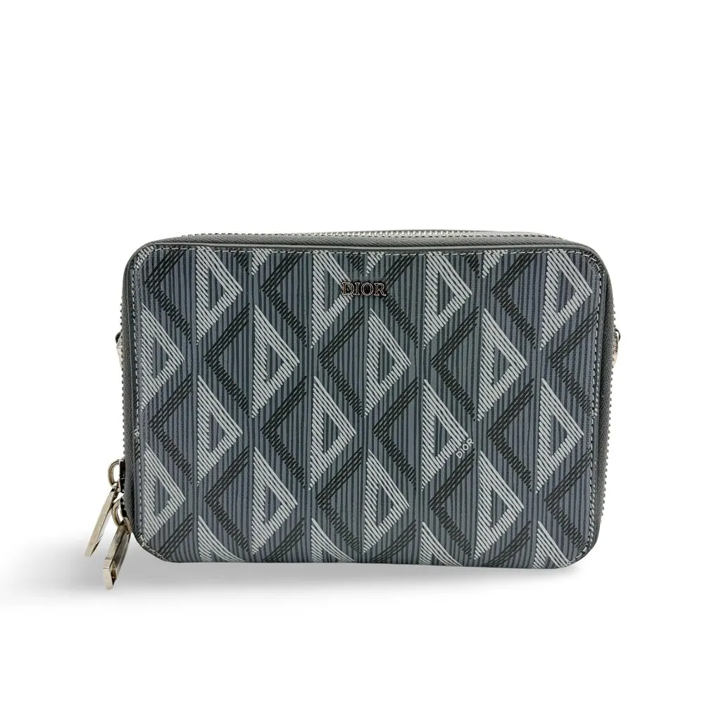 Dior CD Diamond Zipped Pouch Ruthenium Grey MultiColor Canvas Very good - Front View