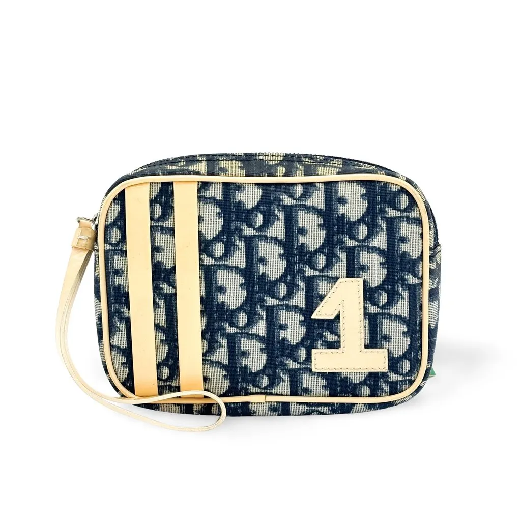 Dior Christian Dior Trotter No. 1 Wristlet Pouch Navy Beige Canvas Good - Front View