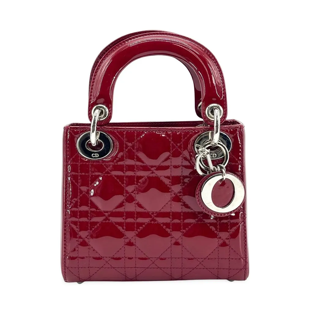Dior Lady Dior Mini Bag Cherry Red Patent Silver Hardware Red Leather Very good - Front View