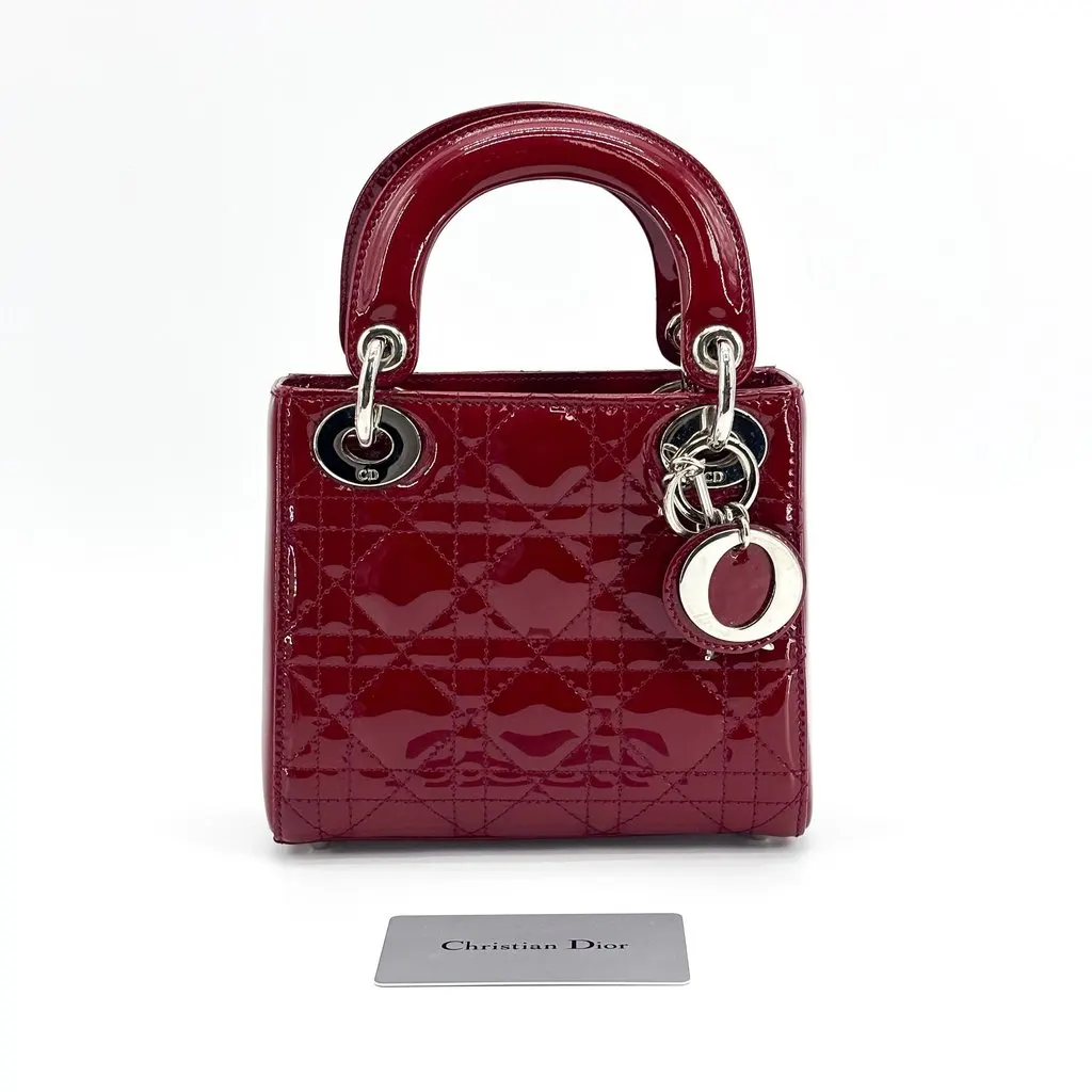 Dior Lady Dior Mini Bag Cherry Red Patent Silver Hardware Red Leather Very good - Back View