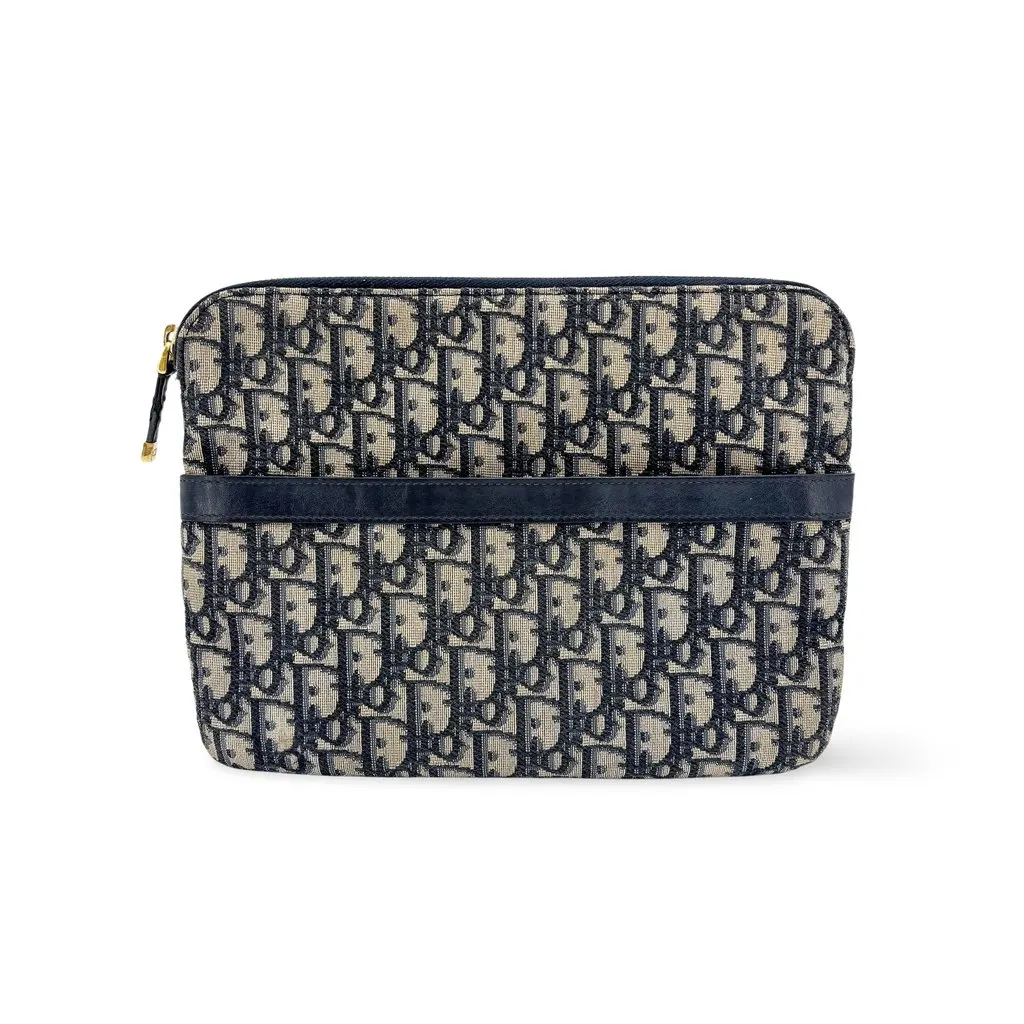 Dior Oblique Jacquard Pouch Navy Beige Jacquard Good - Front View