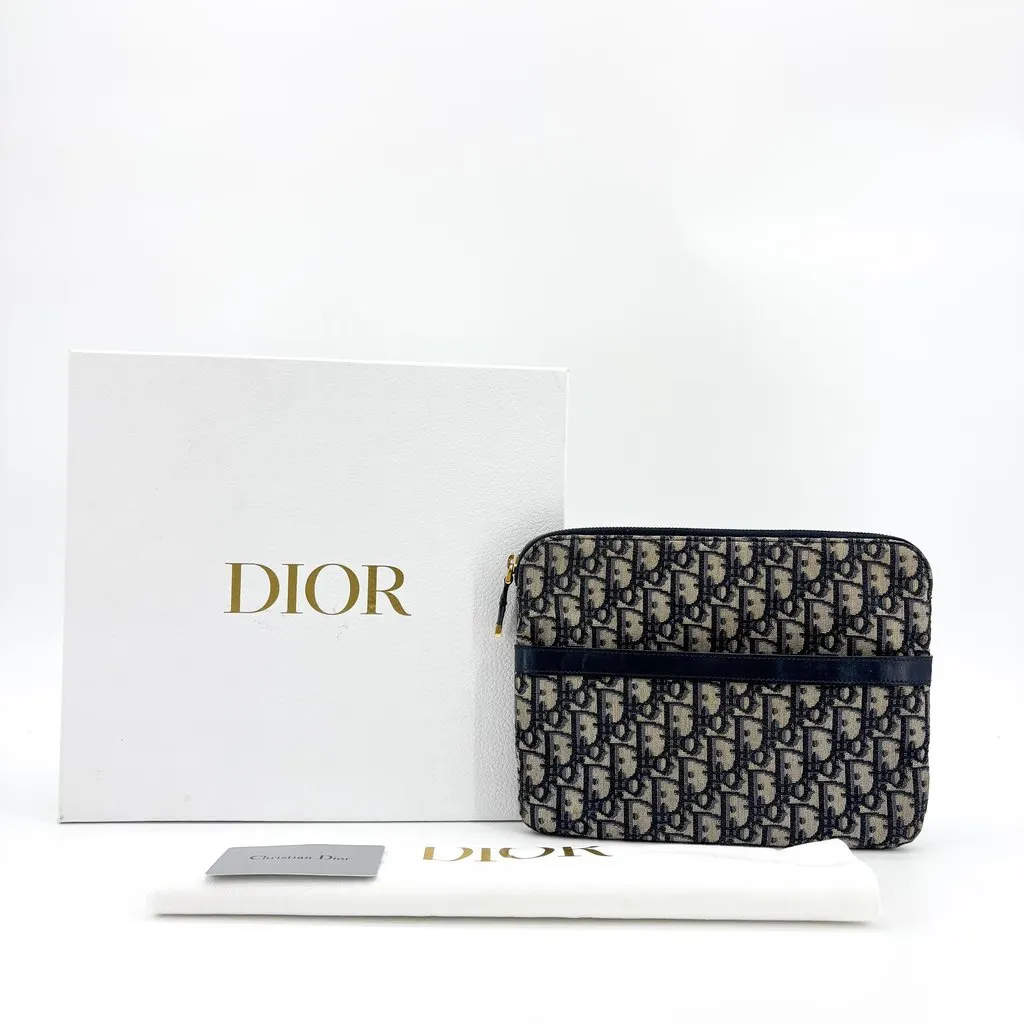 Dior Oblique Jacquard Pouch Navy Beige Jacquard Good - Back View