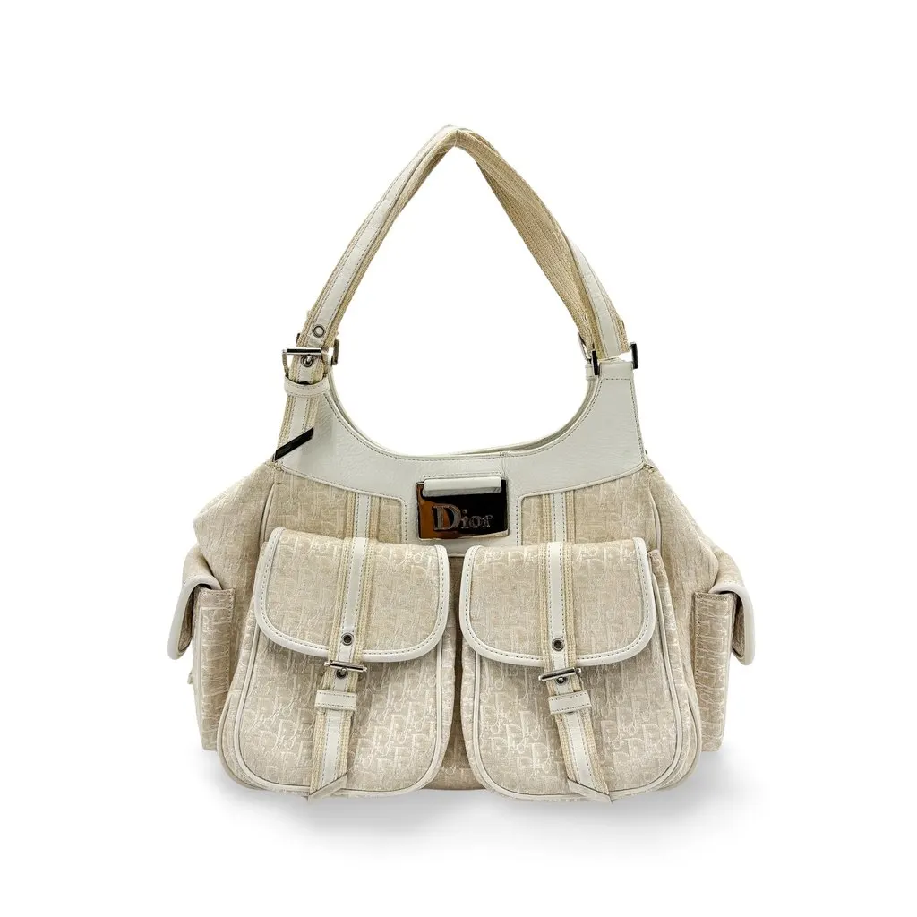Dior Trotter Flight Shoulder Bag Ivory Beige Canvas Good - Front View