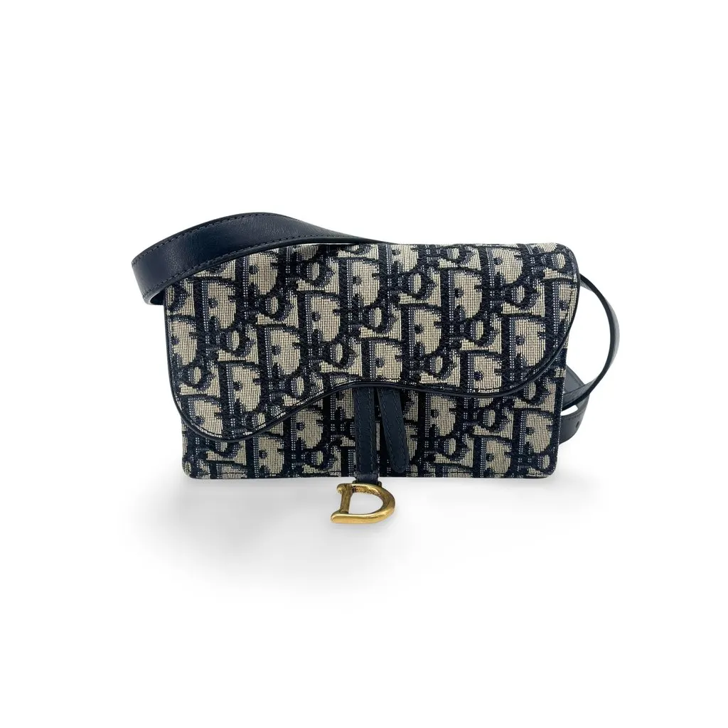 Dior Saddle Pouch Blue Oblique Jacquard Beige Jacquard Good - Front View