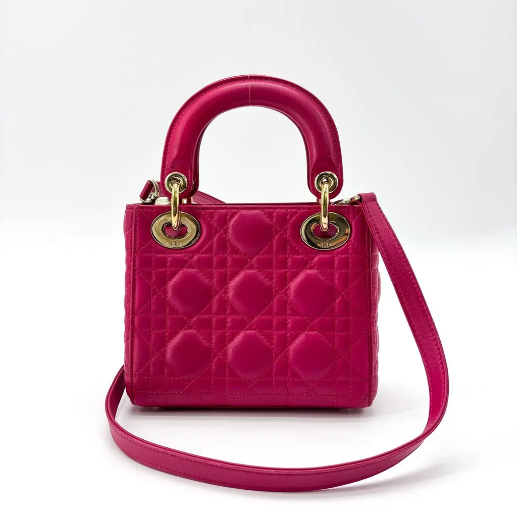 Dior Lady Dior Mini Bag Fuchsia Pink Lambskin Gold Hardware Pink Leather Good - Back View