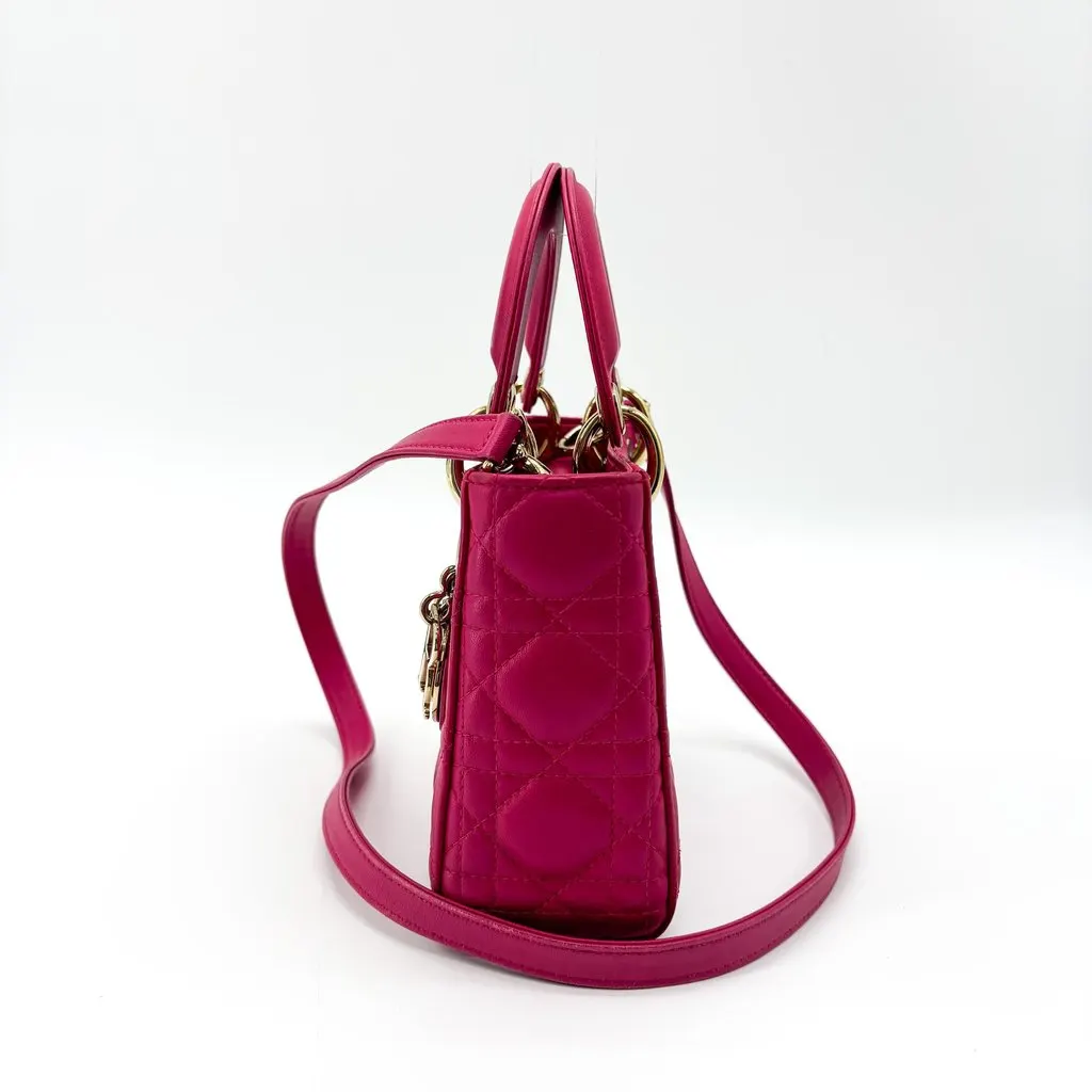 Dior Lady Dior Mini Bag Fuchsia Pink Lambskin Gold Hardware Pink Leather Good - Inside View