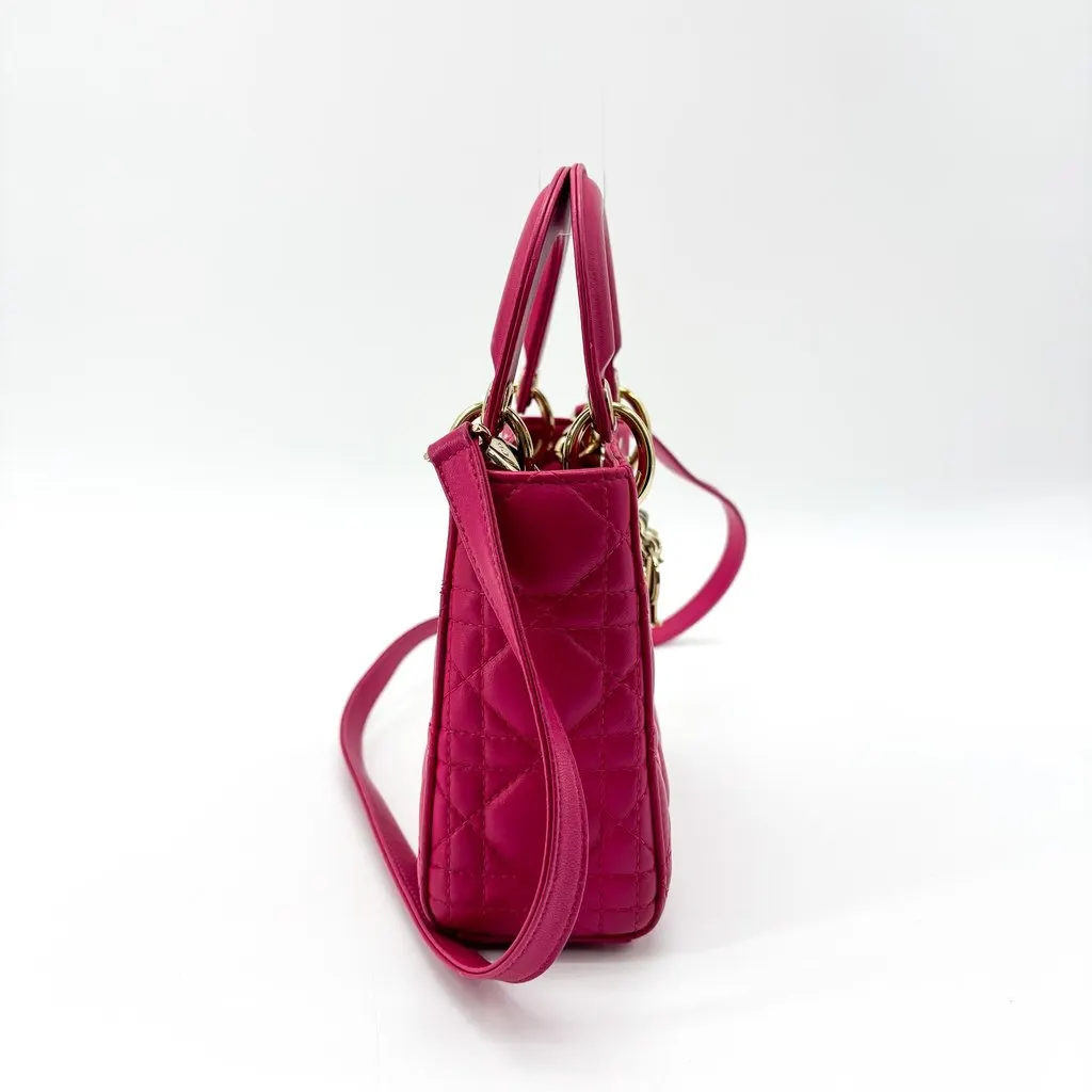 Dior Lady Dior Mini Bag Fuchsia Pink Lambskin Gold Hardware Pink Leather Good - Model View