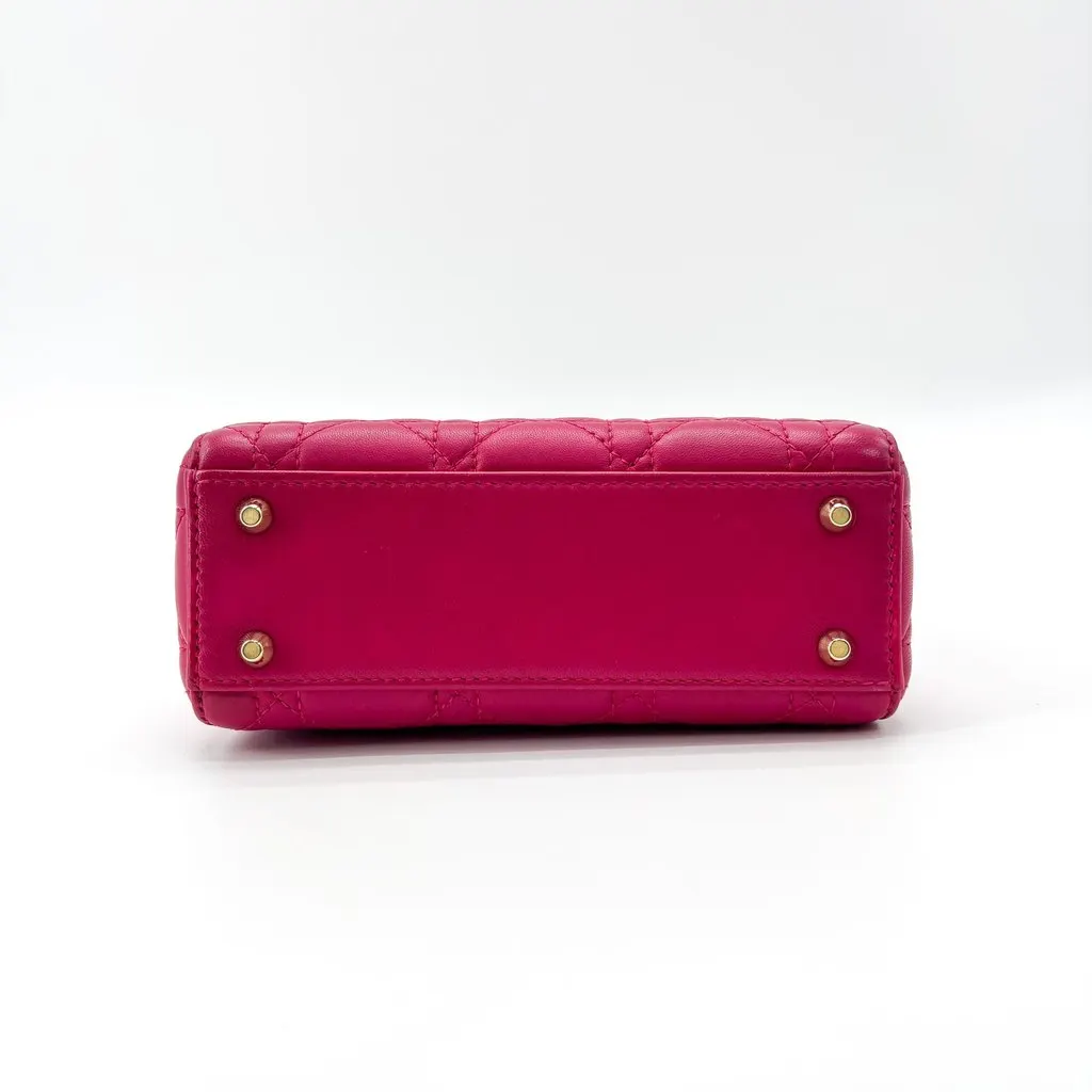 Dior Lady Dior Mini Bag Fuchsia Pink Lambskin Gold Hardware Pink Leather Good - Box View