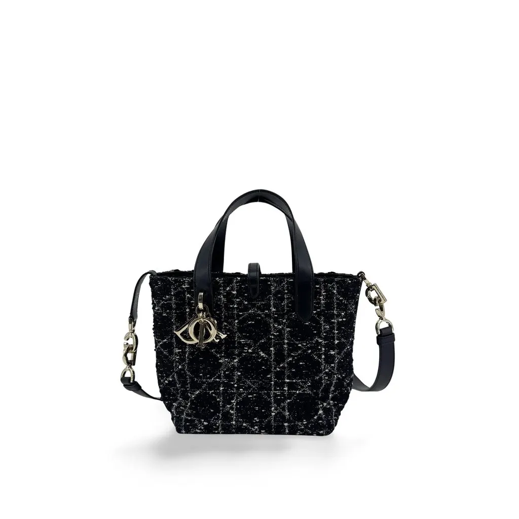 Dior Medium Dior Toujours Bag Black and White Macrocannage Tweed Black Tweed Good - Front View