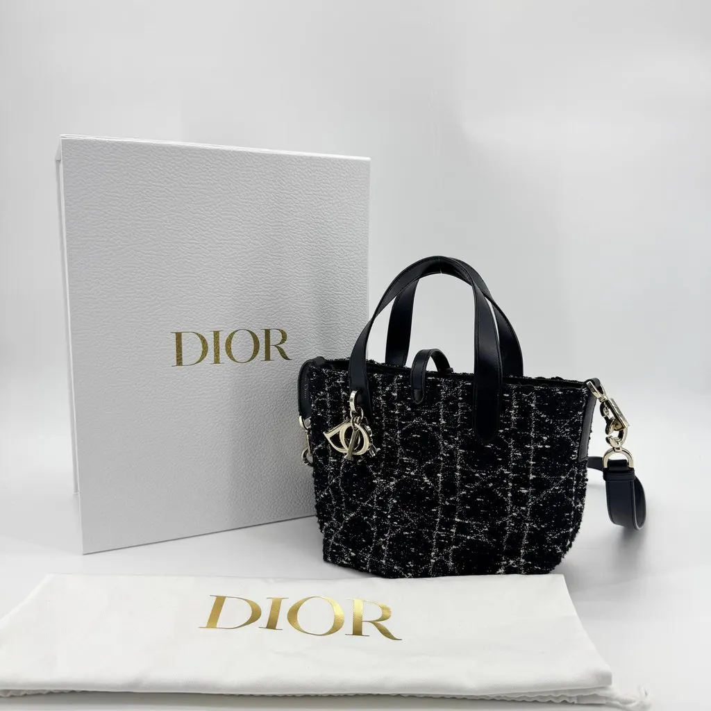 Dior Medium Dior Toujours Bag Black and White Macrocannage Tweed Black Tweed Good - Back View