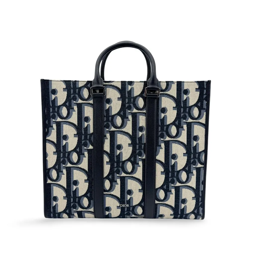 Dior Oblique Jacquard Vertical Tote Bag Navy Beige Jacquard Very good - Front View