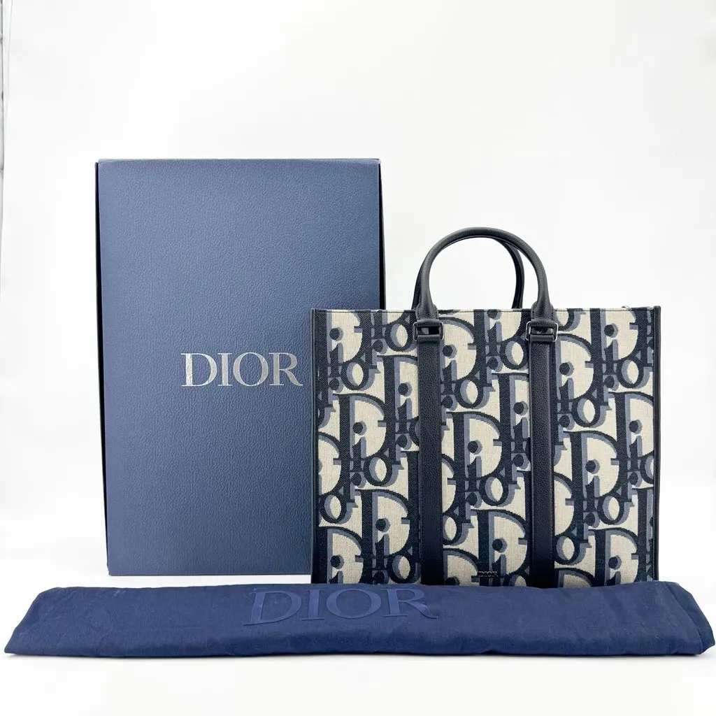 Dior Oblique Jacquard Vertical Tote Bag Navy Beige Jacquard Very good - Back View