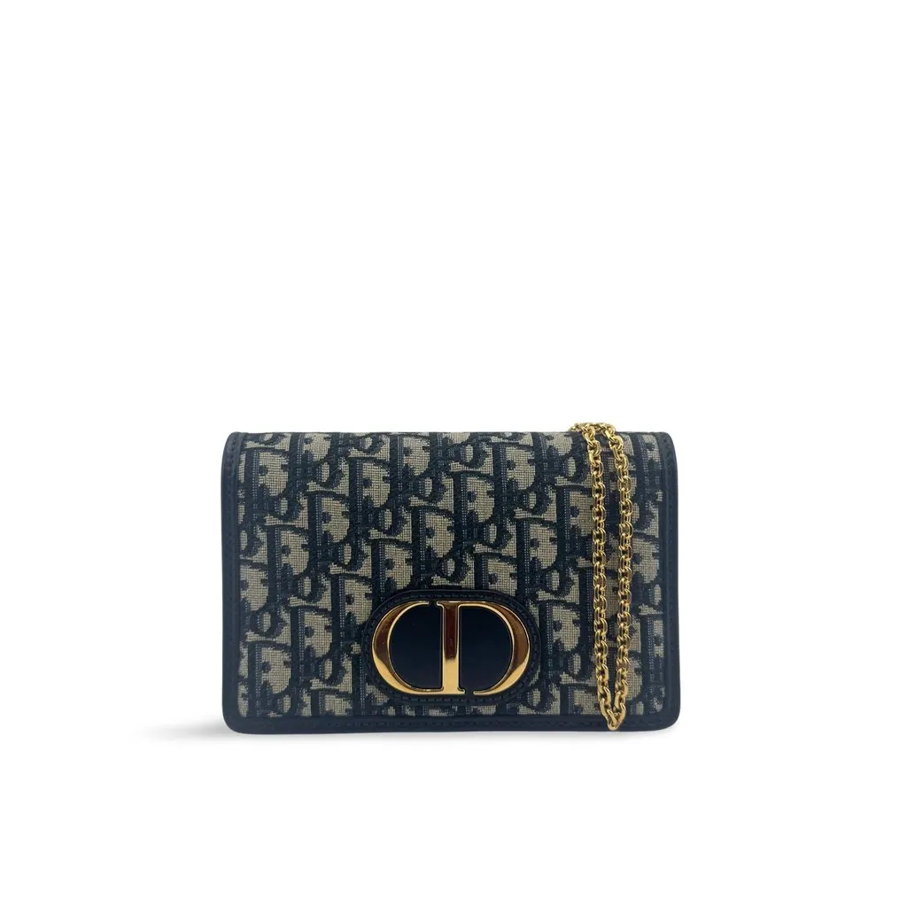 Dior 30 Montaigne Chain Pouch Blue Oblique Beige Jacquard Very good - Front View