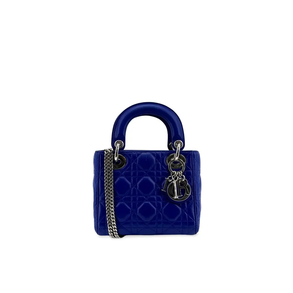 Dior Mini Lady Dior Bag Blue Lambskin Silver Hardware Blue Leather Very good - Front View