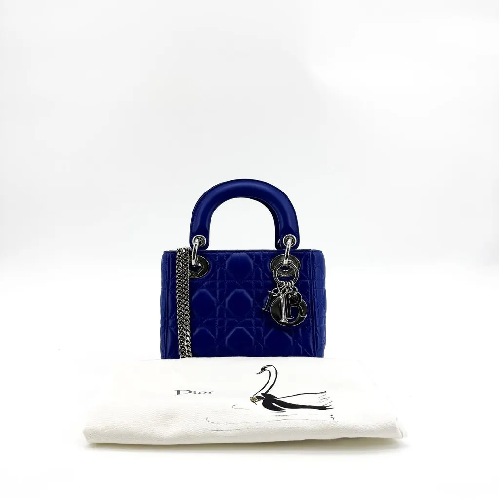 Dior Mini Lady Dior Bag Blue Lambskin Silver Hardware Blue Leather Very good - Back View