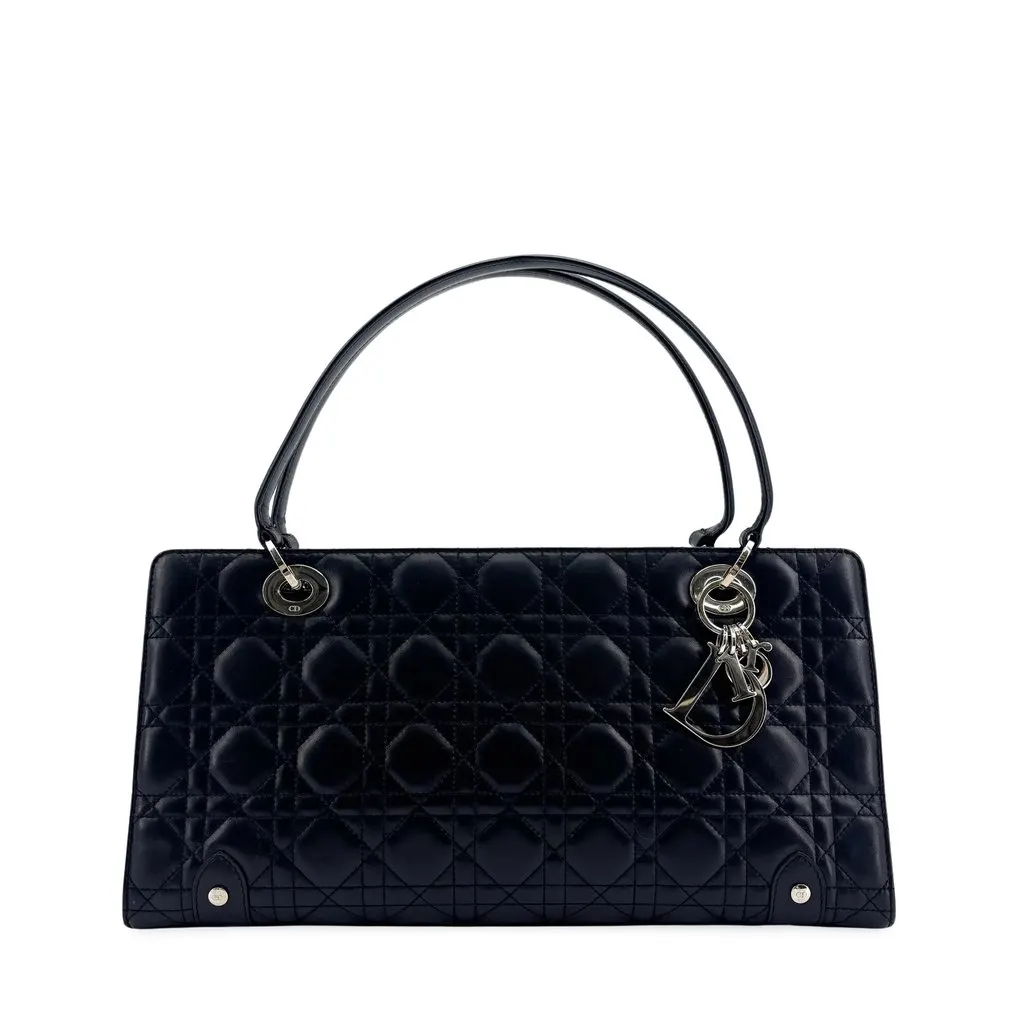 Dior Lady Dior East West Bag Black Lambskin Silver Black Leather Good - Front View