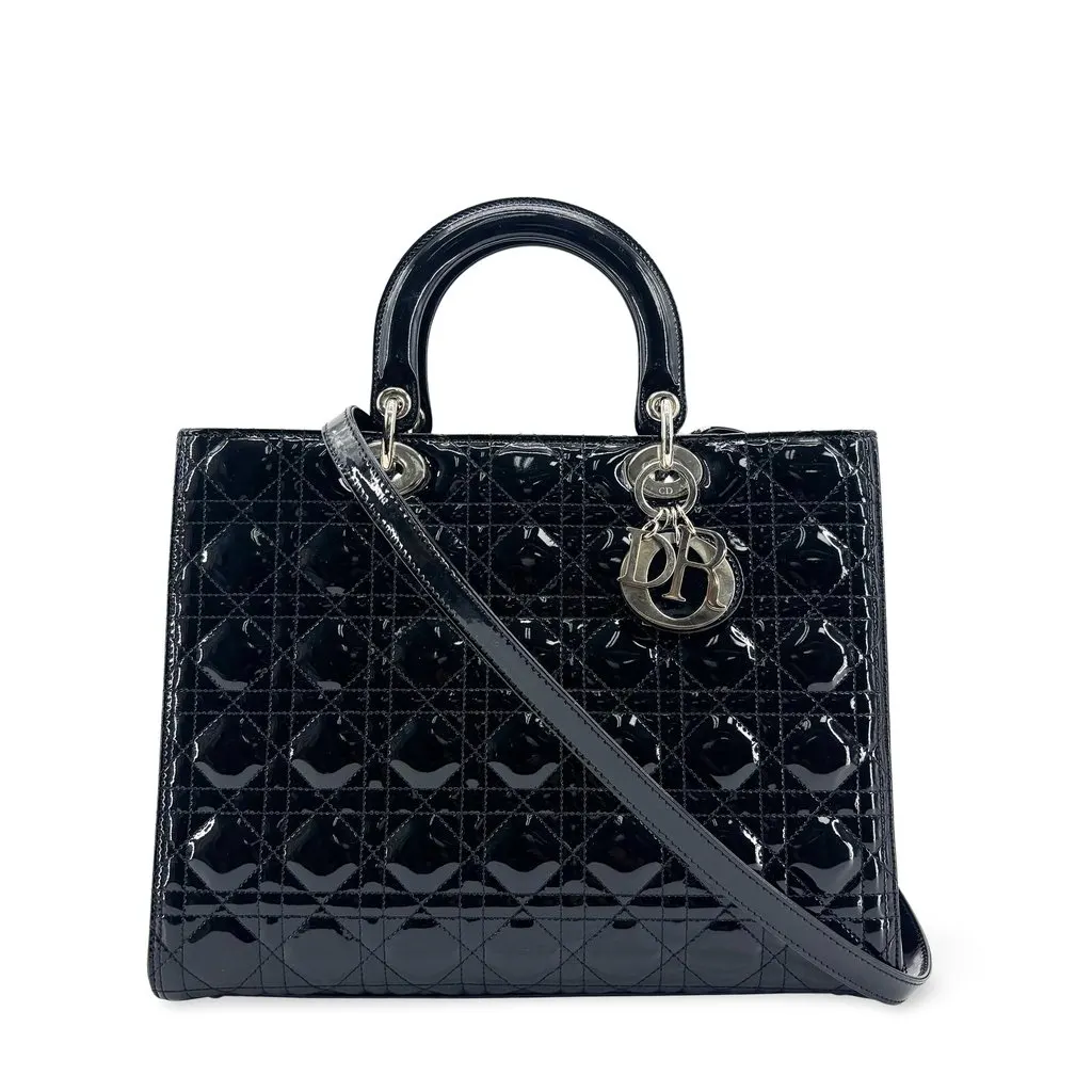 Dior Medium Lady Dior Bag Black Patent Cannage Calfskin Silver Hardware Black Leather Good - Front View