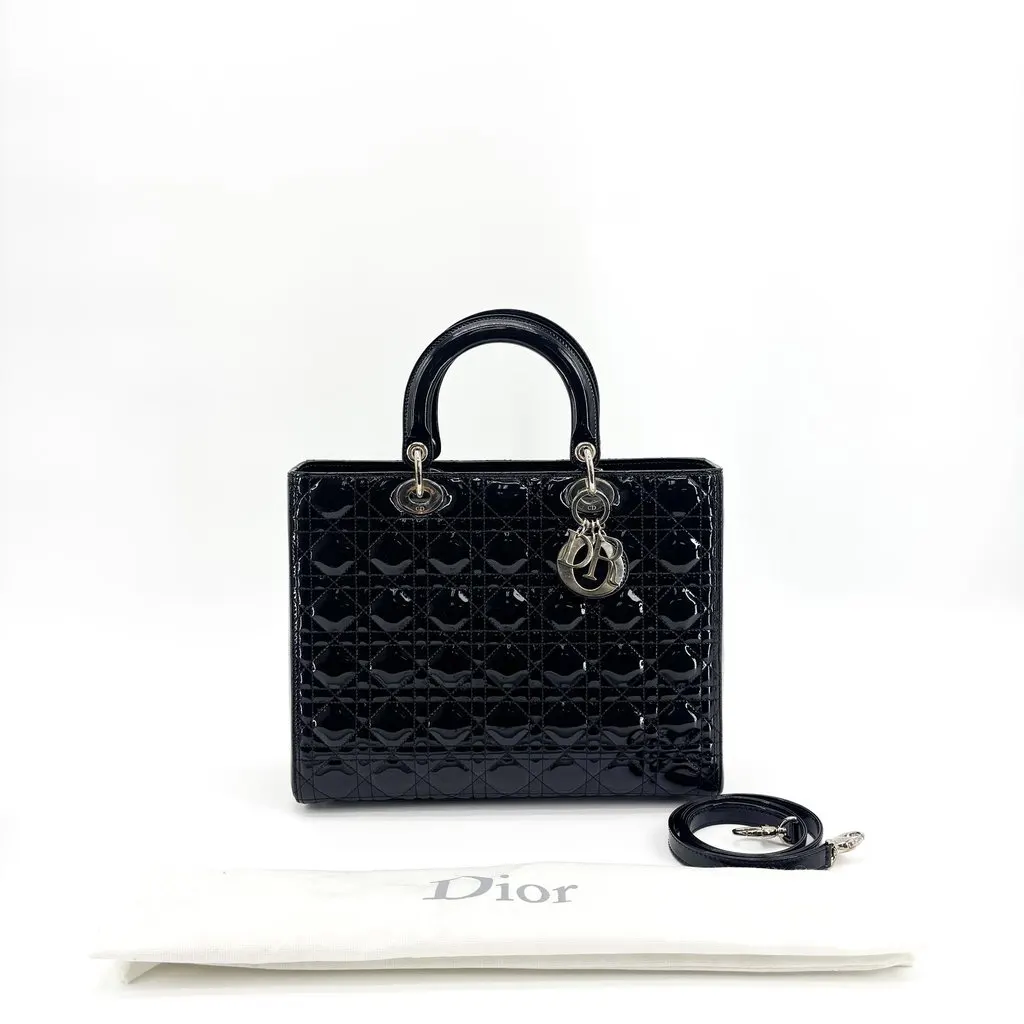 Dior Medium Lady Dior Bag Black Patent Cannage Calfskin Silver Hardware Black Leather Good - Back View