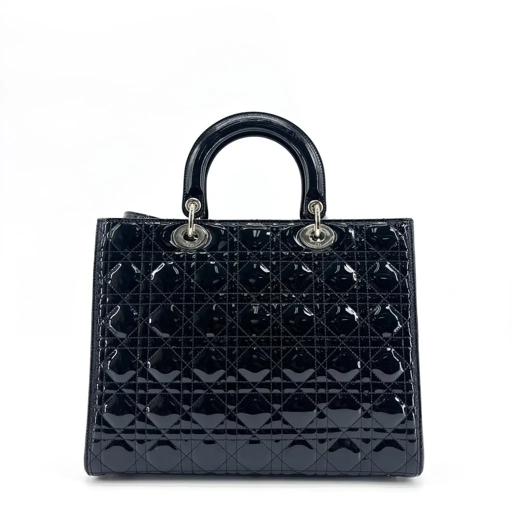 Dior Medium Lady Dior Bag Black Patent Cannage Calfskin Silver Hardware Black Leather Good - Inside View