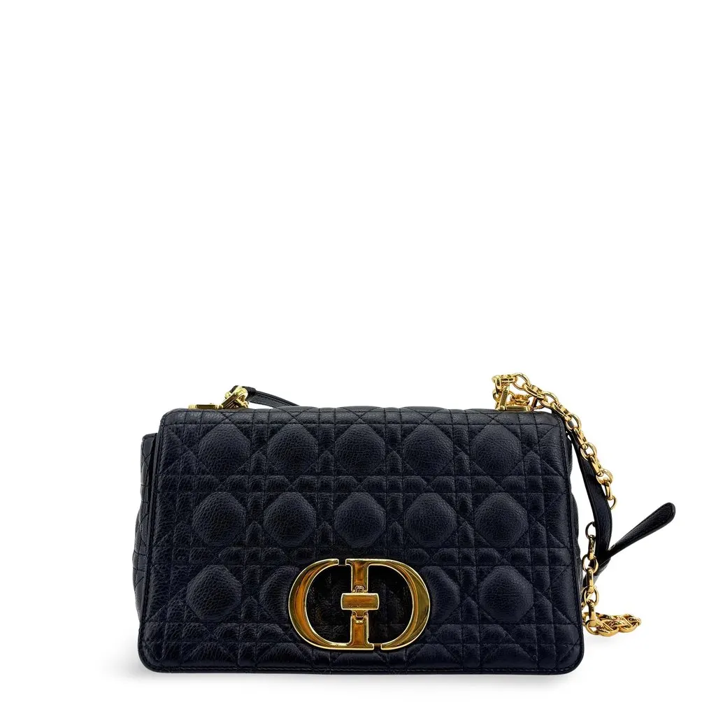 Dior Small Caro Bag Black Gold Black Leather Good - Front View