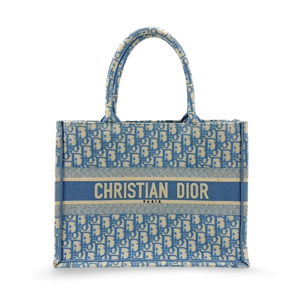 Dior Medium Dior Book Tote Blue Dior Oblique Embroidery Beige Canvas Good - Front View