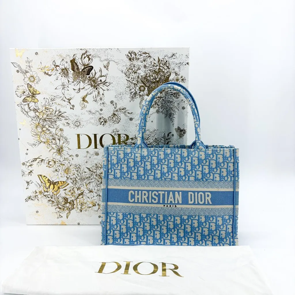 Dior Medium Dior Book Tote Blue Dior Oblique Embroidery Beige Canvas Good - Back View
