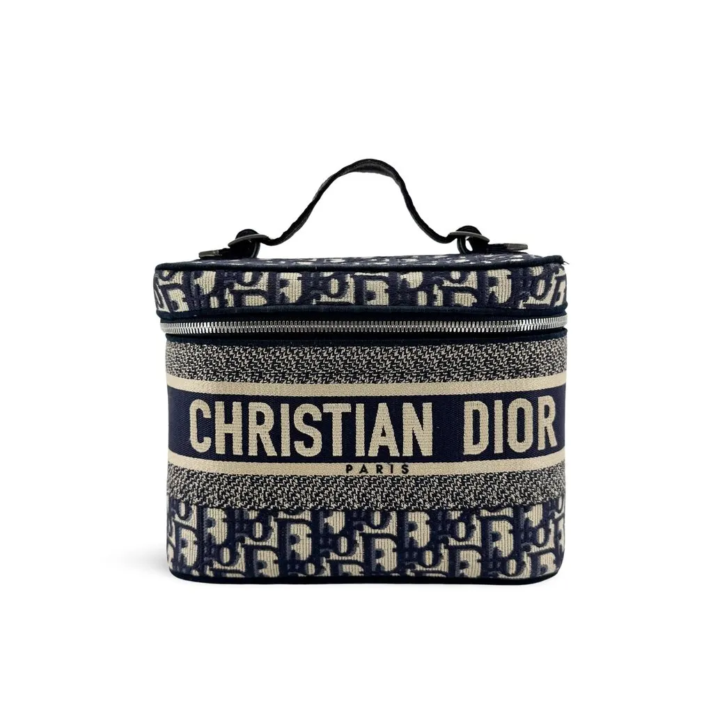 Dior Travel Small Vanity Case Blue Dior Oblique Embroidery Beige Canvas Good - Front View