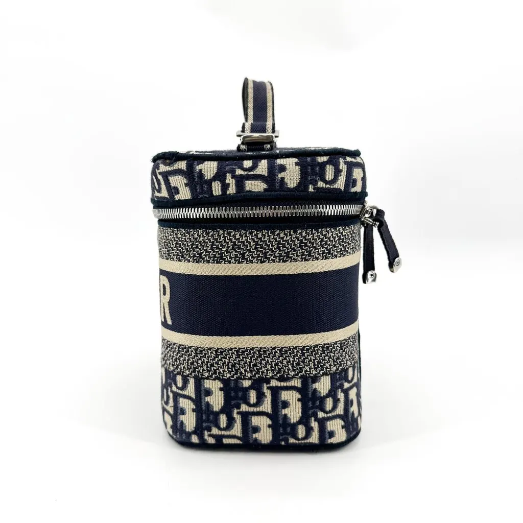 Dior Travel Small Vanity Case Blue Dior Oblique Embroidery Beige Canvas Good - Model View