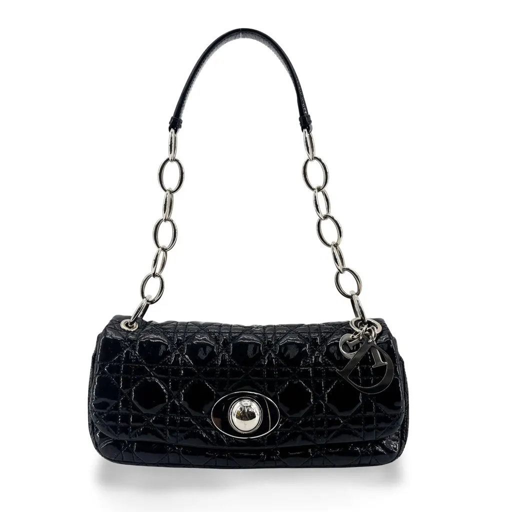 Dior Cannage Patent Babe Shoulder Bag Black Silver