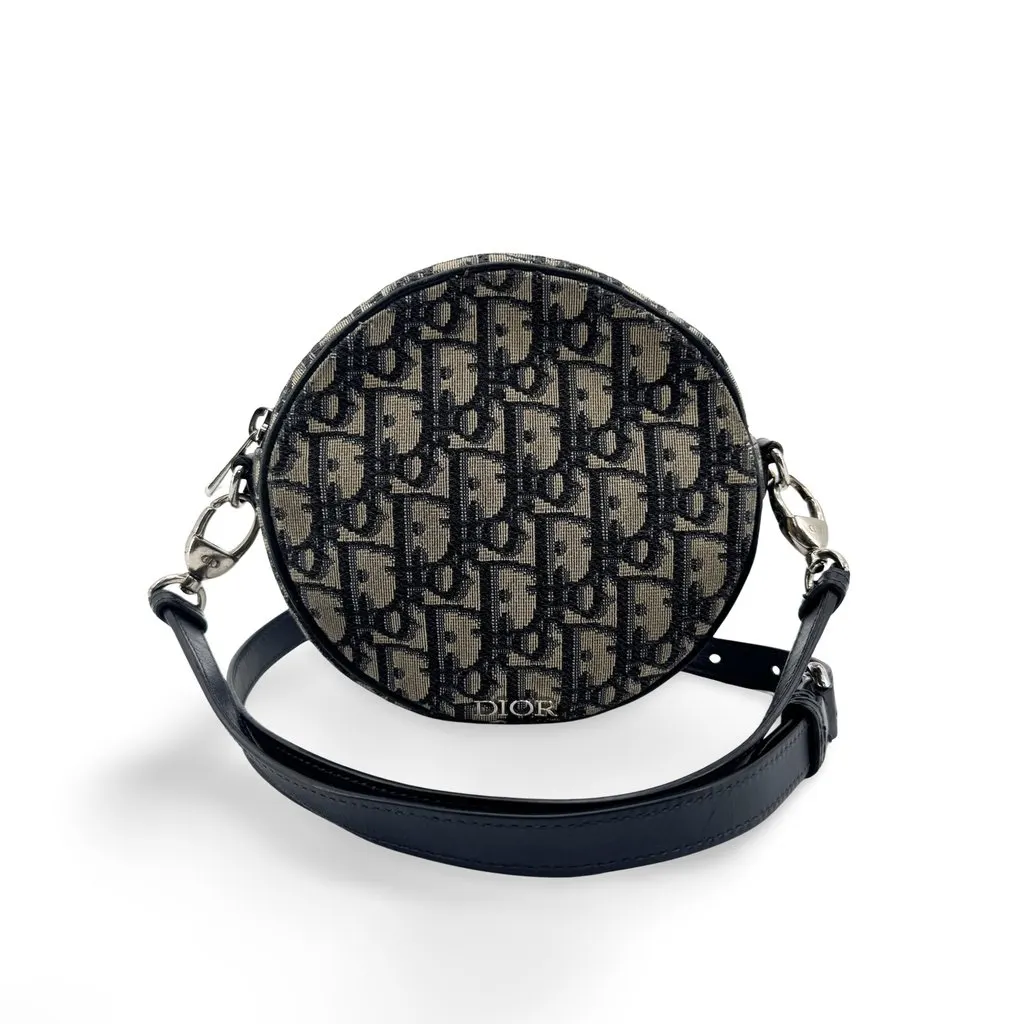 Dior Oblique Jacquard Mini Round Shoulder Bag Navy Beige Canvas Good - Front View