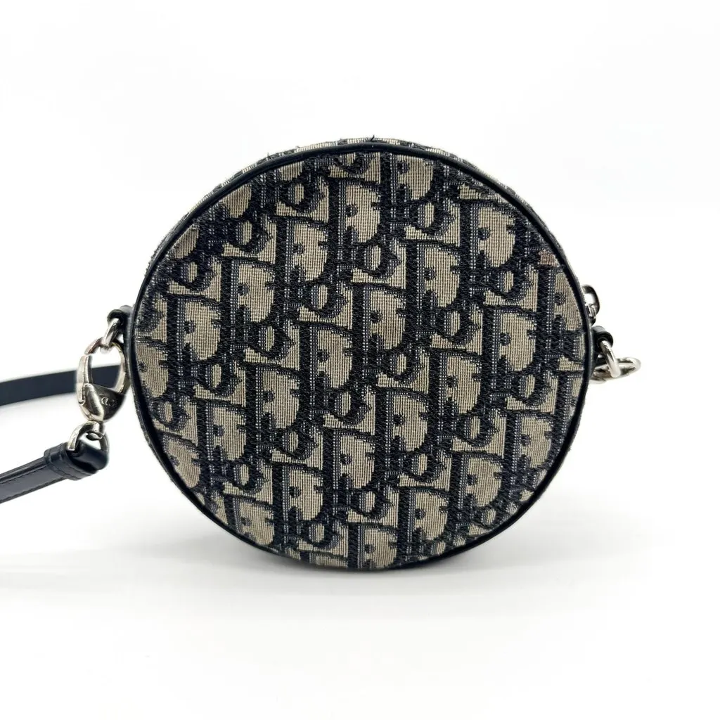 Dior Oblique Jacquard Mini Round Shoulder Bag Navy Beige Canvas Good - Back View