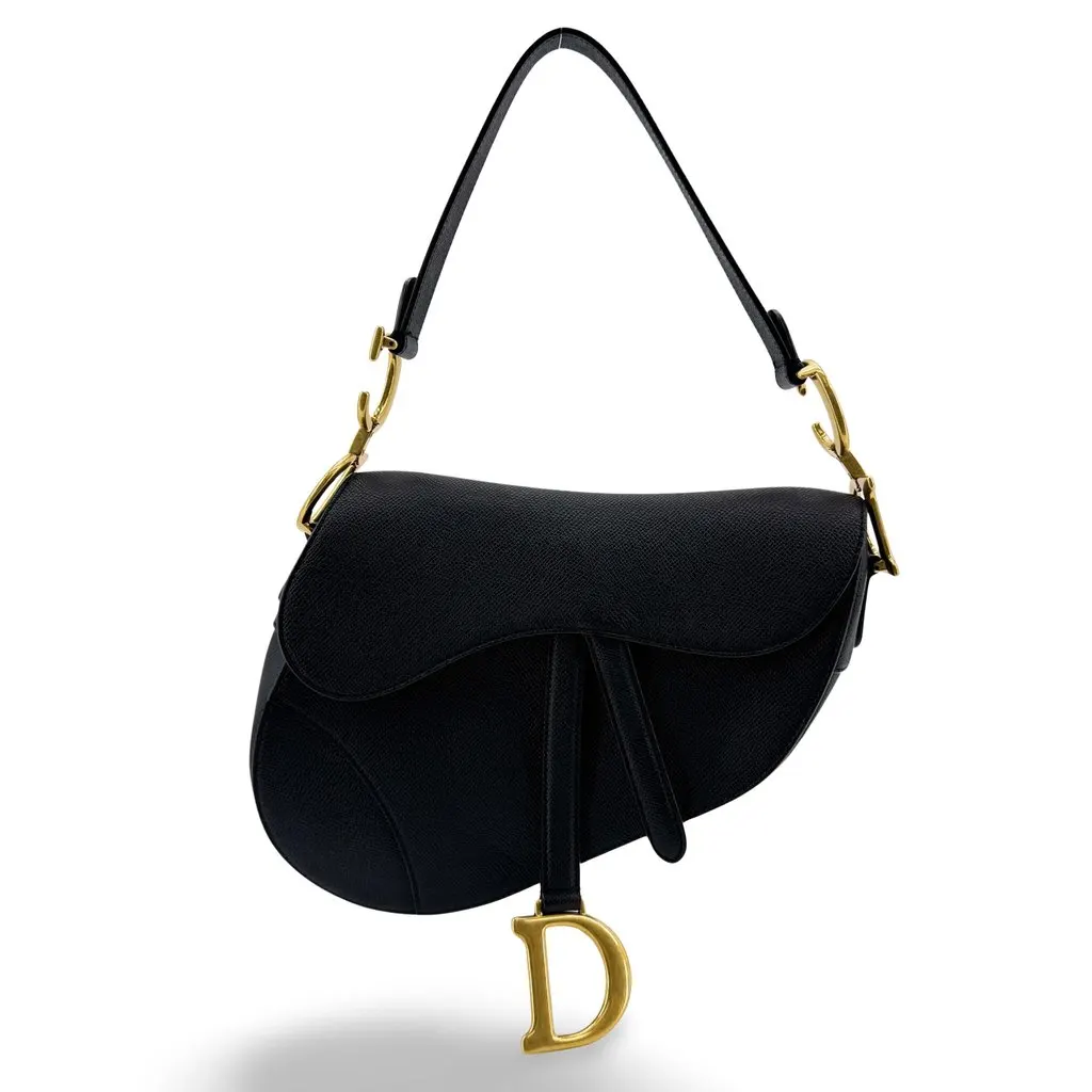 Dior Medium Saddle Bag Black Grained Calfskin Gold Black Leather Very good - Front View