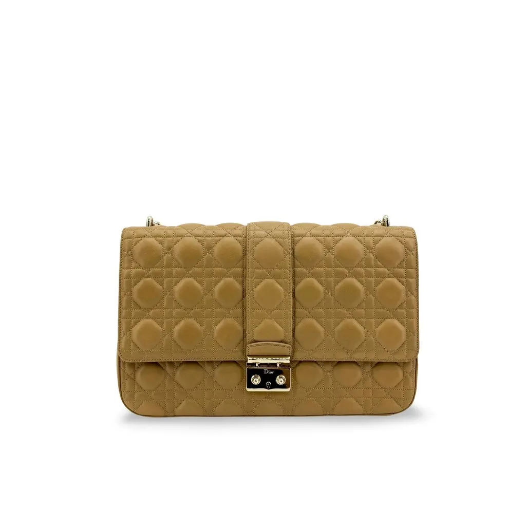 Dior Miss Dior Cannage Large Flap Shoulder Bag Beige Beige Leather Good - Front View