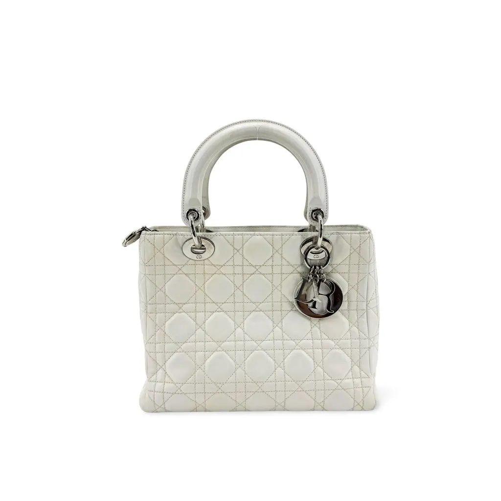 Dior Medium Lady Dior Bag Lambskin Silver Hardware White White Leather Good - Front View