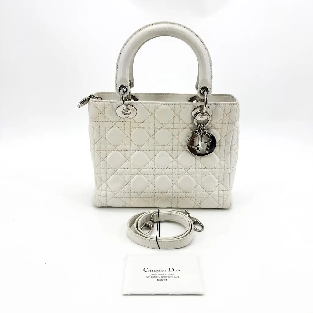 Dior Medium Lady Dior Bag Lambskin Silver Hardware White White Leather Good - Back View
