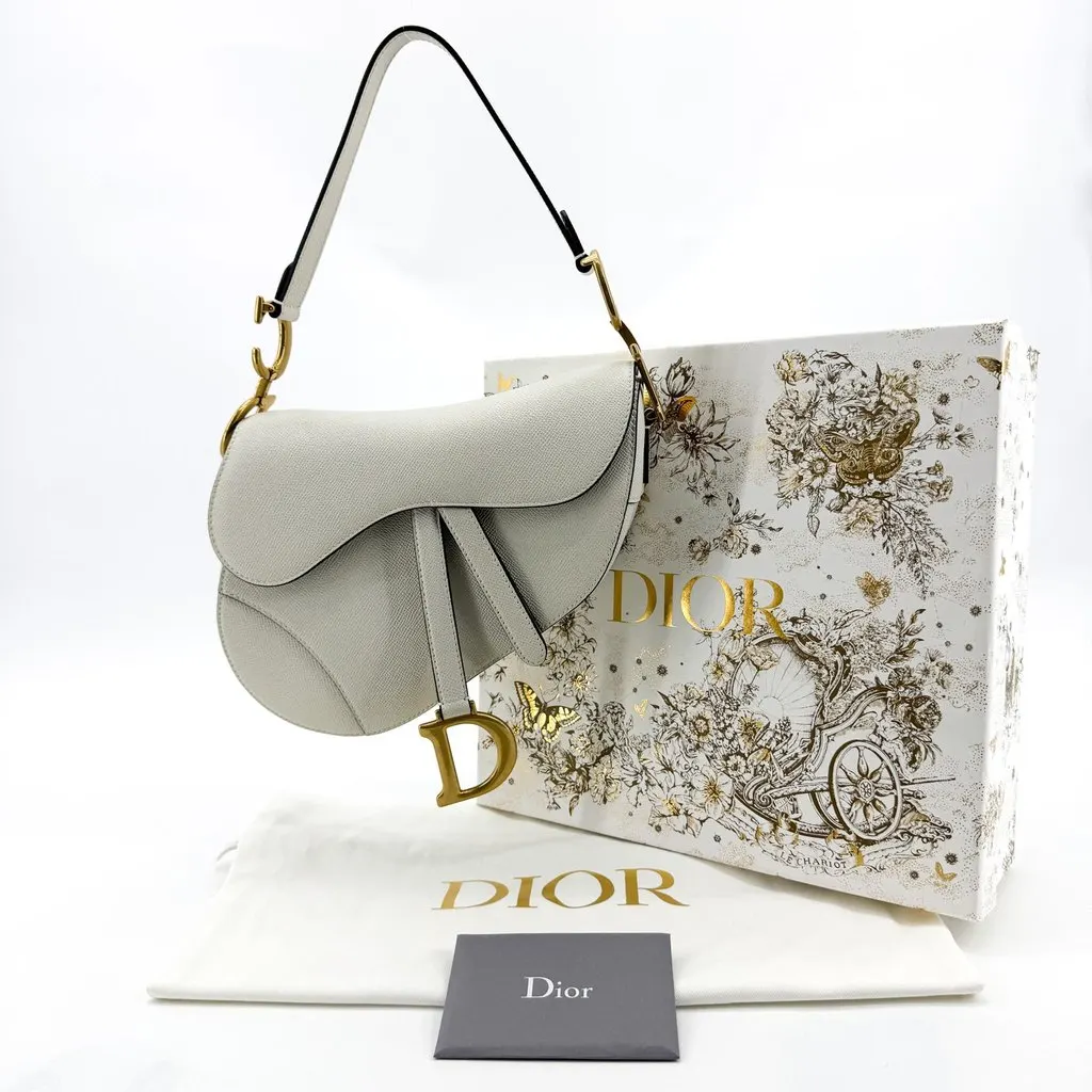 Dior Medium Saddle Bag White Grained Calfskin White Leather Very good - Back View