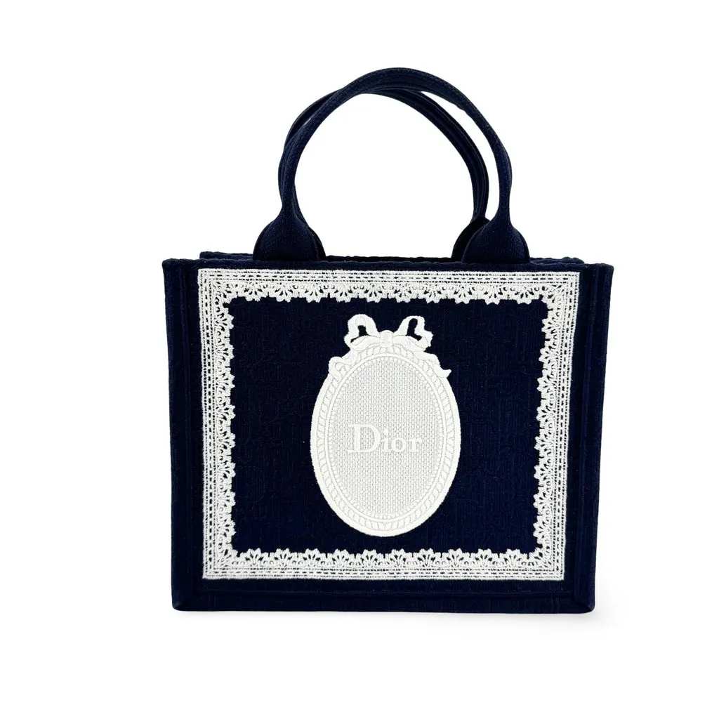 Dior Small Book Tote Navy Blue Lace Medallion Embroidery Navy Canvas Good - Front View