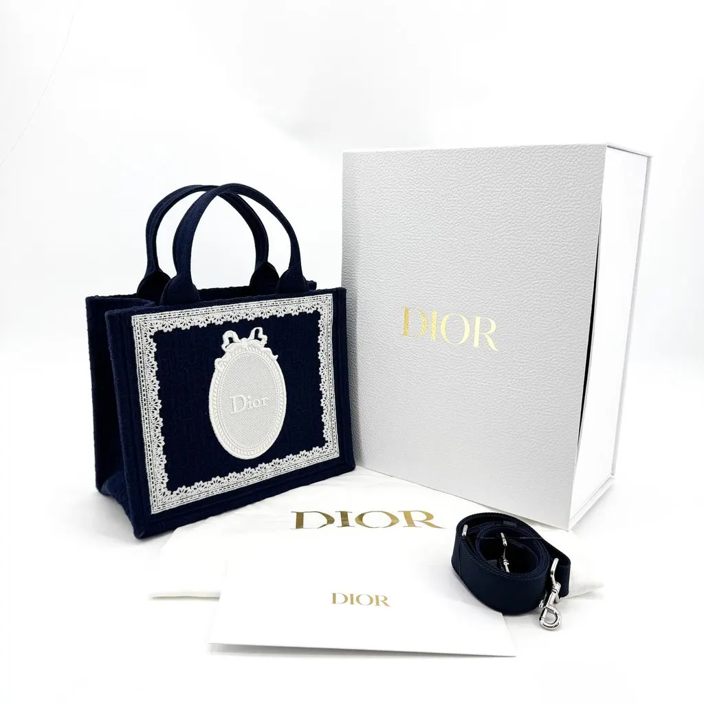Dior Small Book Tote Navy Blue Lace Medallion Embroidery Navy Canvas Good - Back View