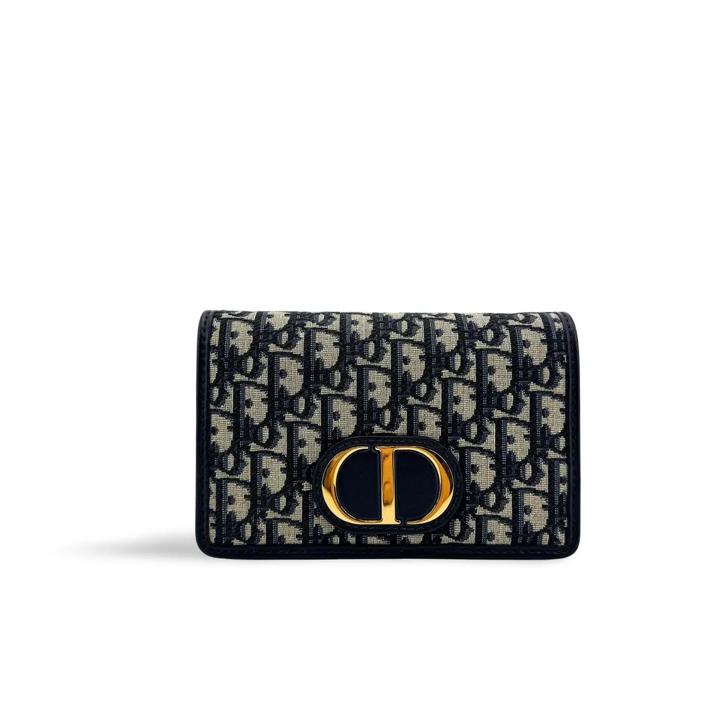 Dior 30 Montaigne Flap Card Holder Blue Oblique Jacquard Beige Jacquard Very good - Front View