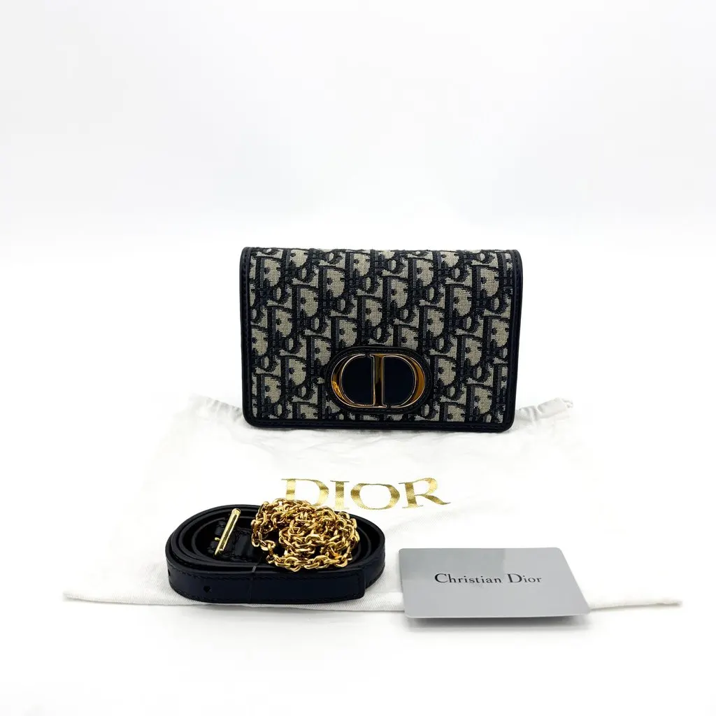 Dior 30 Montaigne Flap Card Holder Blue Oblique Jacquard Beige Jacquard Very good - Back View
