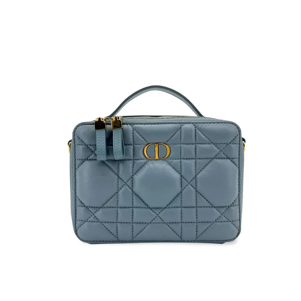 Dior Caro Cannage Pouch Steel Blue Blue Leather Good - Front View