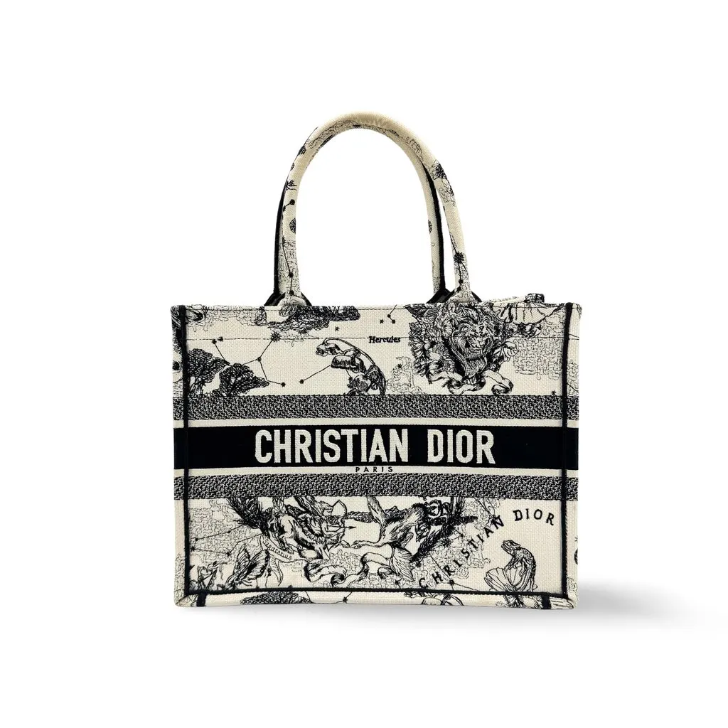 Dior Medium Book Tote White and Black Zodiac Embroidery Black Canvas Good - Front View