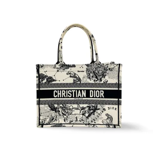 Dior متوسطة بوك حقيبة توت أبيض و أسود Zodiac Embroidery