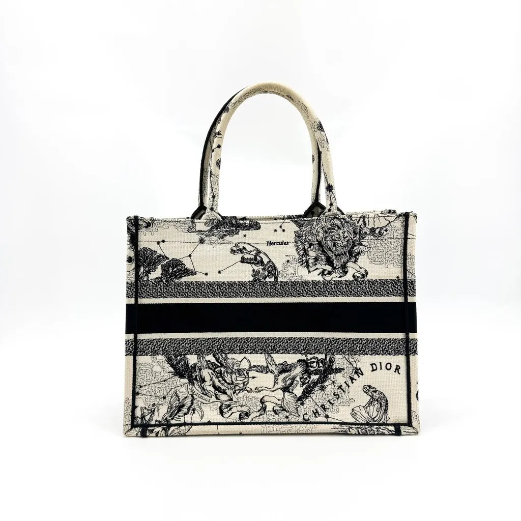 Dior Medium Book Tote White and Black Zodiac Embroidery Black Canvas Good - Back View