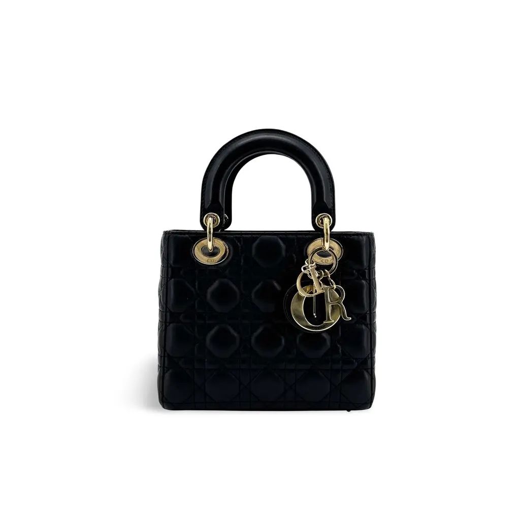 Dior Mini Lady Dior Bag Cannage Lambskin Black Gold Hardware Black Leather Very good - Front View