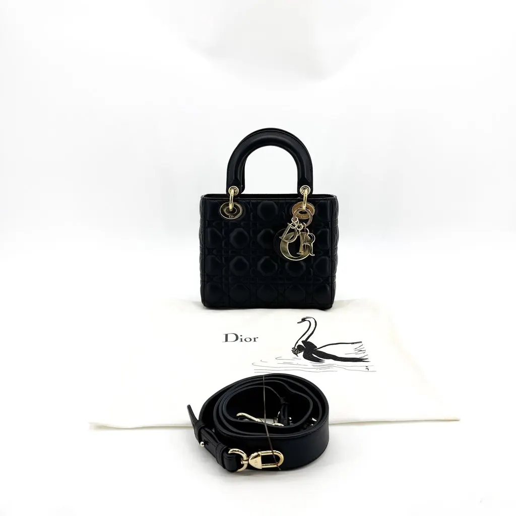 Dior Mini Lady Dior Bag Cannage Lambskin Black Gold Hardware Black Leather Very good - Back View